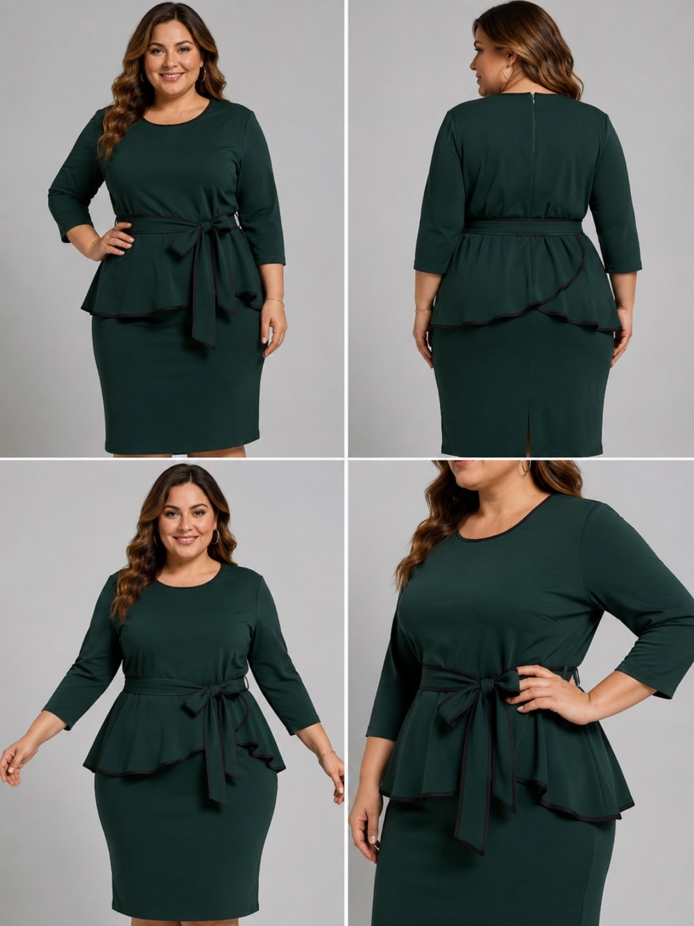 NWT- Fandee Plus Size Dark Green Peplum Midi Dress with Waist Tie